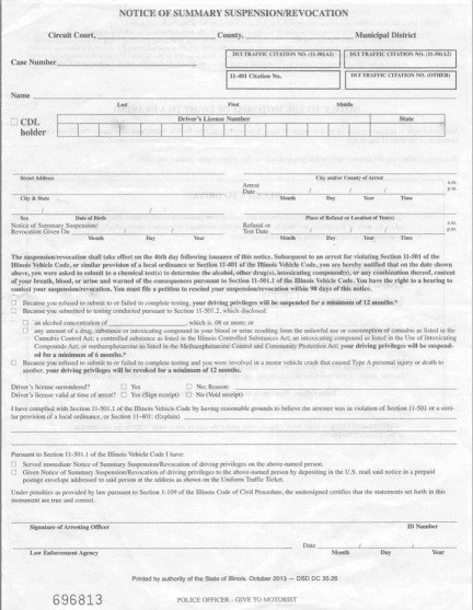 Example Law Enforcement Sworn Report / Notice of Summary Suspension required for DUI evaluation in Illinois